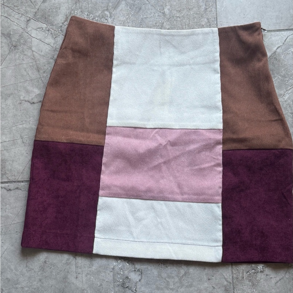 Francesca's Collections Patchwork Mini Skirt - White, Pink, Brown, Plum